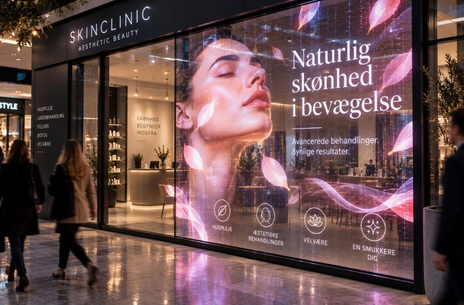 Visualisering af en butiksfacade i et indkøbscenter, hvor ruden viser en kampagne, mens butikken bagved stadig ses.