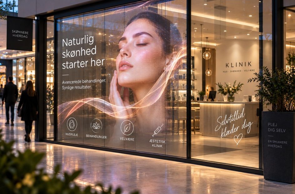 Visualisering af en klinik i et indkøbscenter, hvor ruden viser en rolig kampagne med receptionen synlig bagved.