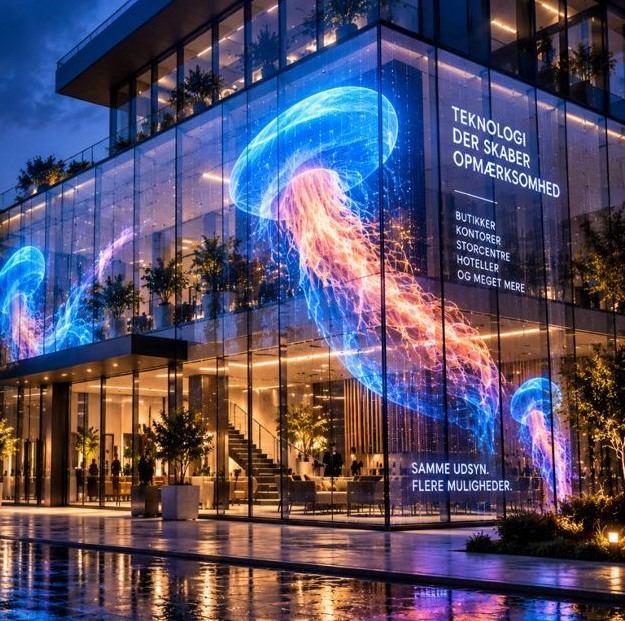 Visualisering af en kontorbygning om aftenen, hvor glasfacaden viser store lysende motiver i blå og orange.