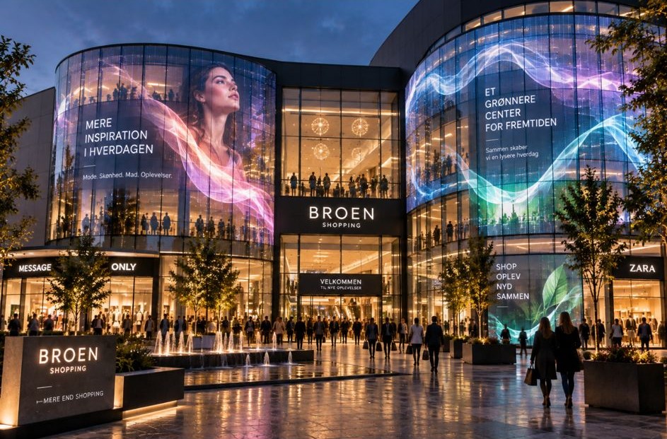 Visualisering af et storcenter i skumringen, hvor de buede glaspartier over indgangen viser farverige motiver.